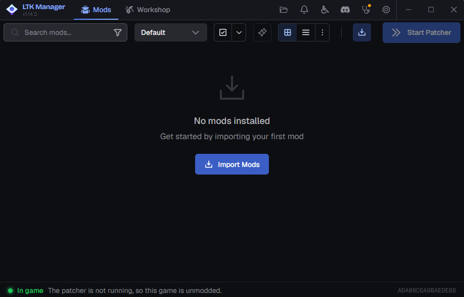 LTK Manager empty state — drag the .fantome file in to import it