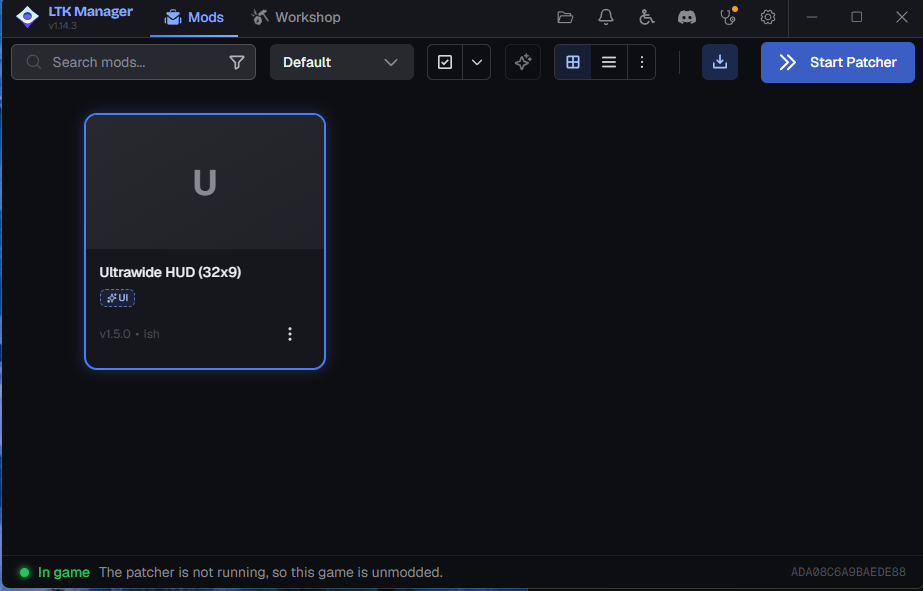 LTK Manager with the Ultrawide HUD mod enabled and the Start Patcher button